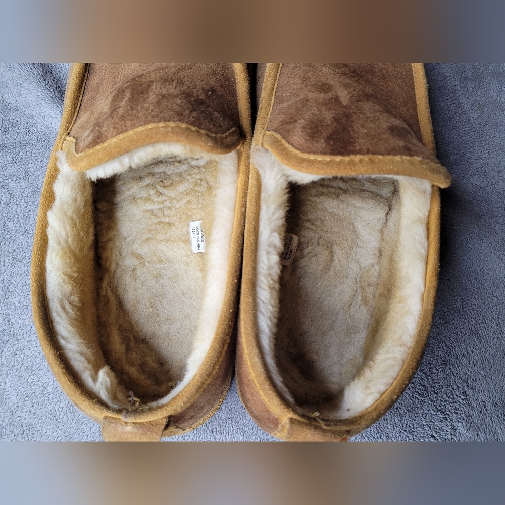 LL Bean Wicked Good Slippers Mens 13 M Faux Fur Lined Brown Leather Slip On Read - Picture 5 of 7